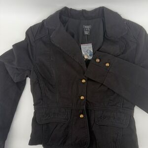 aziz Black Cropped Military Style Jacket Blazer Women's Small Button embroidered
